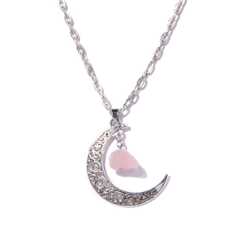 Olivenorma Alloy Moon Natural Stone Pendant Necklace