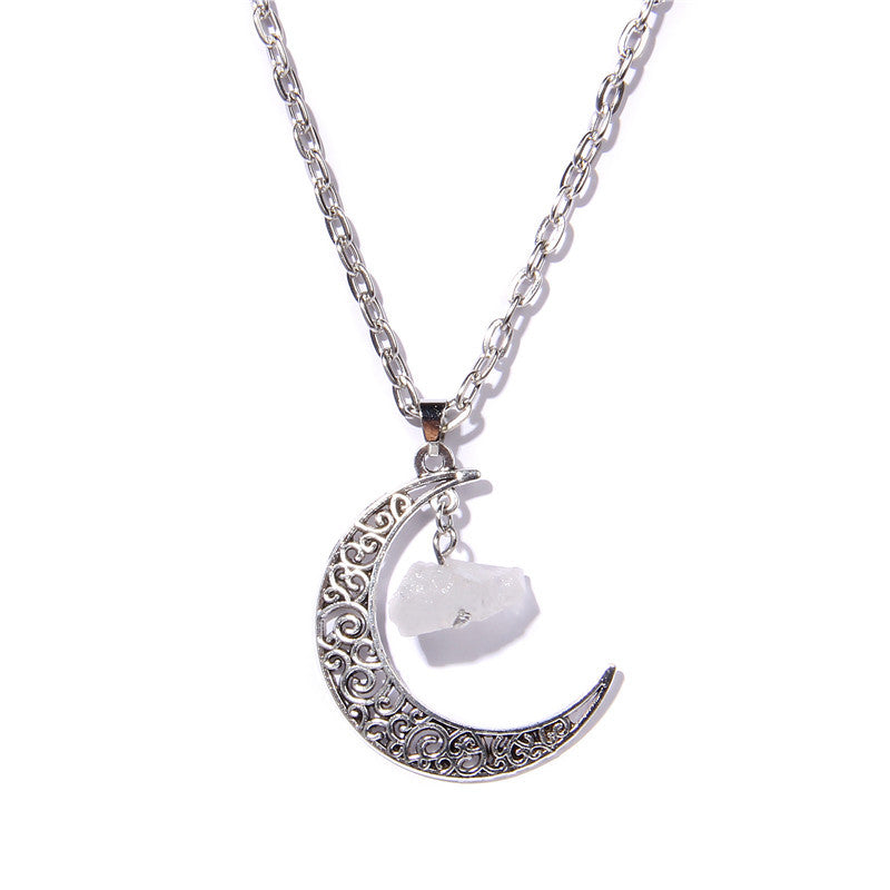 Olivenorma Alloy Moon Natural Stone Pendant Necklace