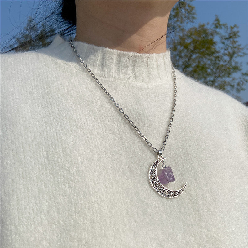 Olivenorma Alloy Moon Natural Stone Pendant Necklace