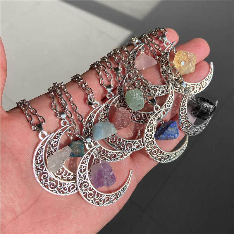 Olivenorma Alloy Moon Natural Stone Pendant Necklace