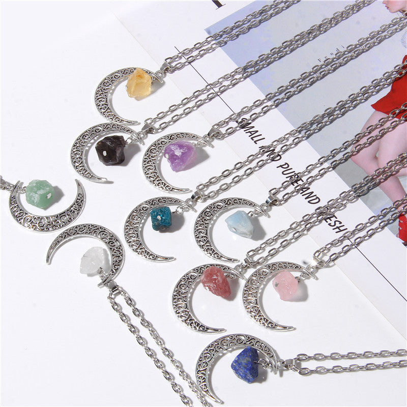 Olivenorma Alloy Moon Natural Stone Pendant Necklace