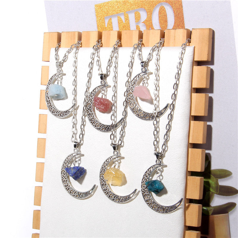 Olivenorma Alloy Moon Natural Stone Pendant Necklace