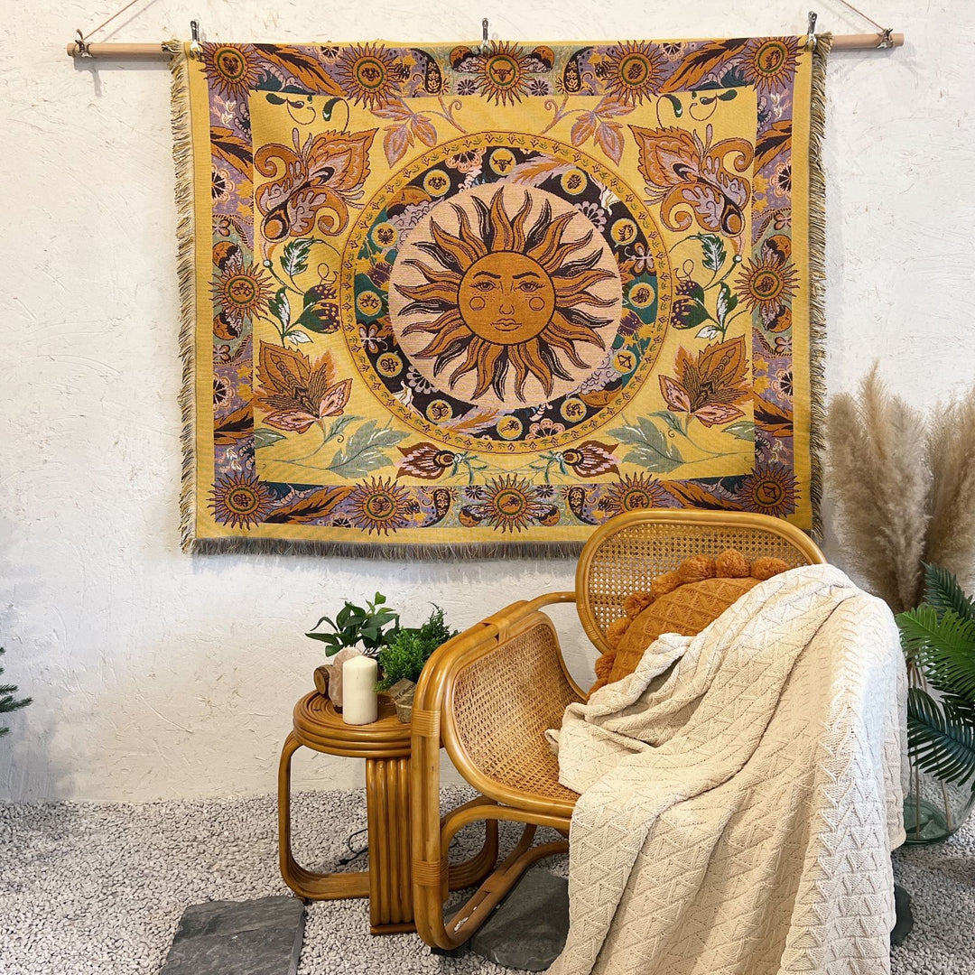 Olivenorma Golden Sun Mood Face Yellow Bohemian Tapestry Blanket