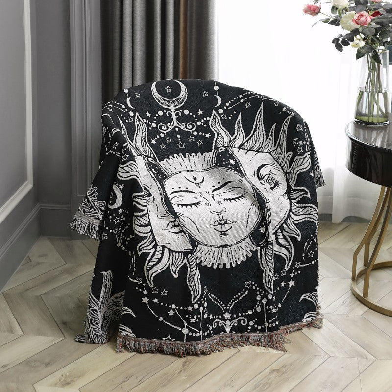 Olivenorma Three Sun Mood Face Black White Tassels Woven Blanket