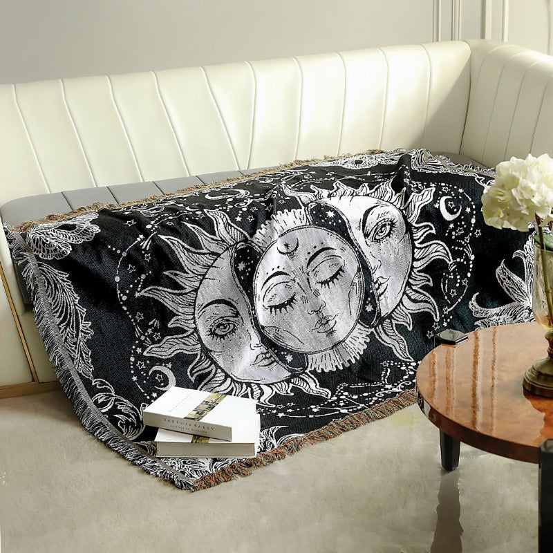 Olivenorma Three Sun Mood Face Black White Tassels Woven Blanket