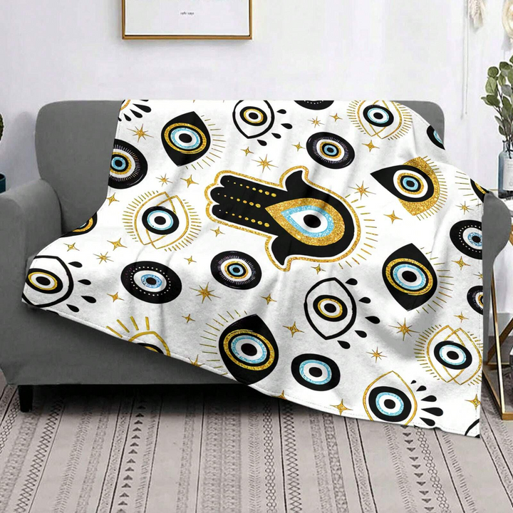 Olivenorma Evil Eye Hamsa White Black Tassels Woven Blanket