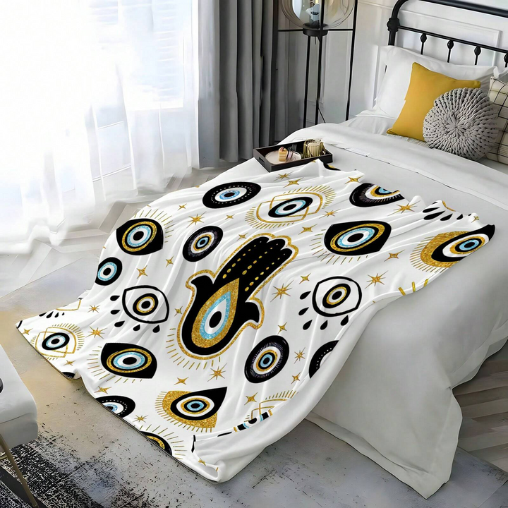 Olivenorma Evil Eye Hamsa White Black Tassels Woven Blanket