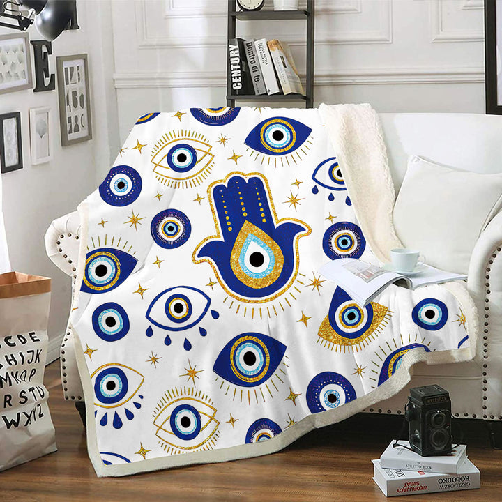 Olivenorma White Blue Evil Eye Hamsa Flannel Woven Blanket