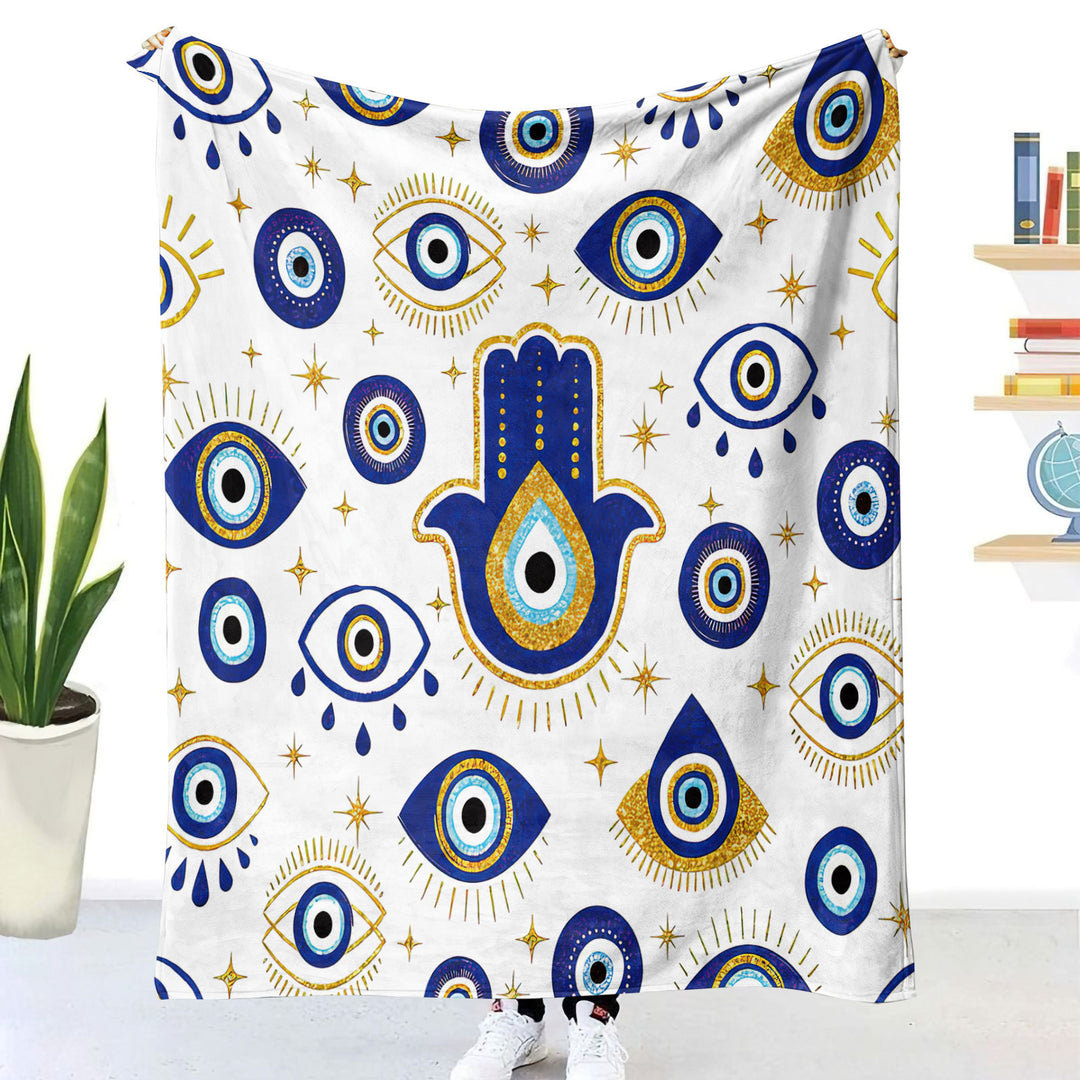 Olivenorma White Blue Evil Eye Hamsa Flannel Woven Blanket