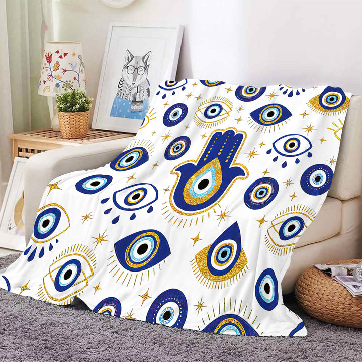 Olivenorma White Blue Evil Eye Hamsa Flannel Woven Blanket