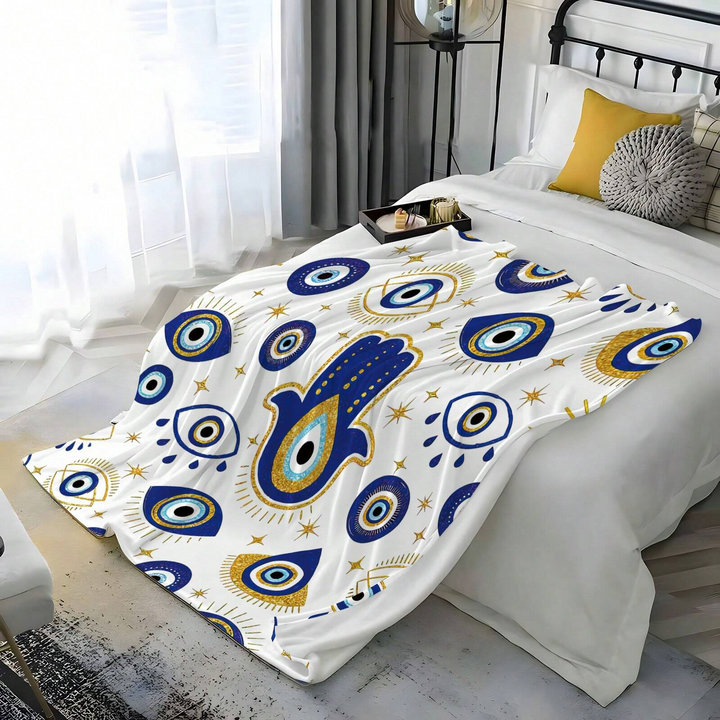 Olivenorma White Blue Evil Eye Hamsa Flannel Woven Blanket