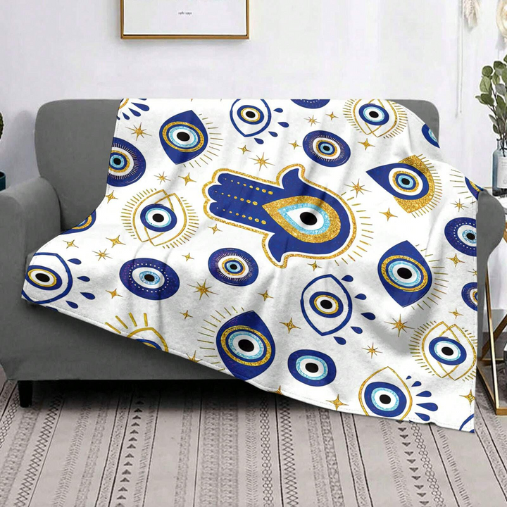 Olivenorma White Blue Evil Eye Hamsa Flannel Woven Blanket