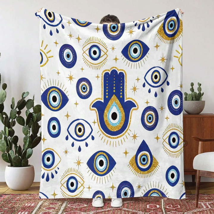 Olivenorma White Blue Evil Eye Hamsa Flannel Woven Blanket