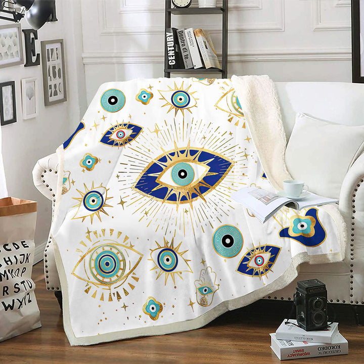 Olivenorma White Green Evil Eye Hamsa Flannel Woven Blanket