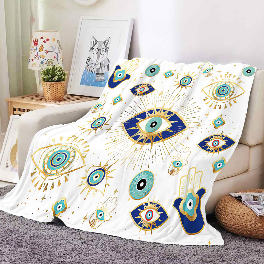 Olivenorma White Green Evil Eye Hamsa Flannel Woven Blanket