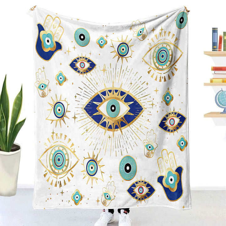 Olivenorma White Green Evil Eye Hamsa Flannel Woven Blanket