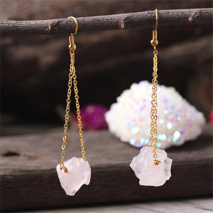 Olivenorma Natural Quartz Gravel Gold Chain Dangle Earrings