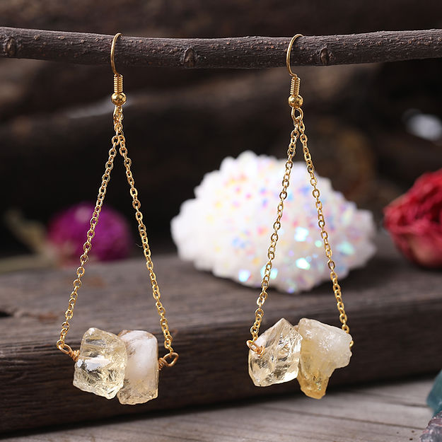 Olivenorma Natural Quartz Gravel Gold Chain Dangle Earrings