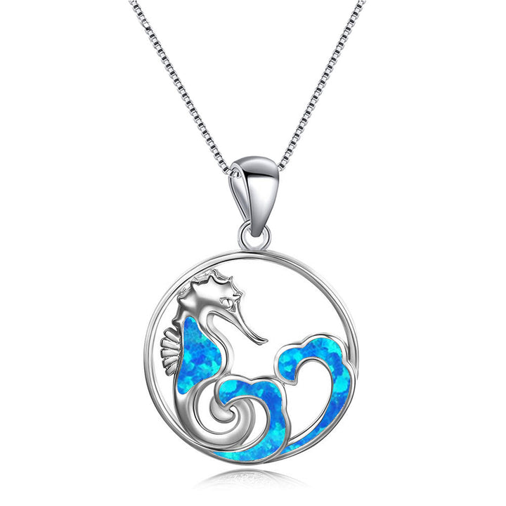 Olivenorma Blue Opal Seahorse Wave Necklace