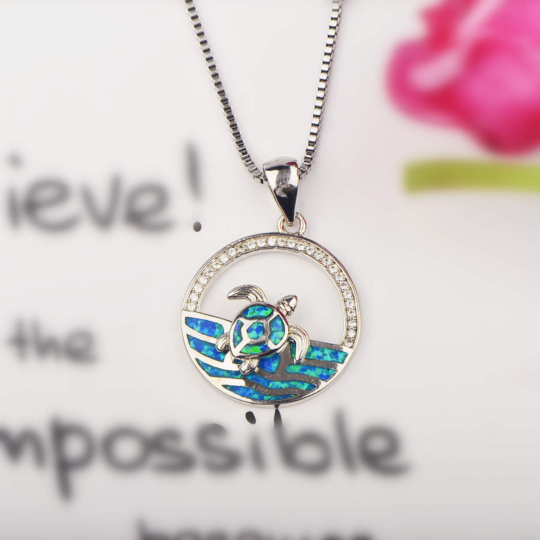 Olivenorma Hawaiian Blue Opal Swimming Turtle Pendant Necklace