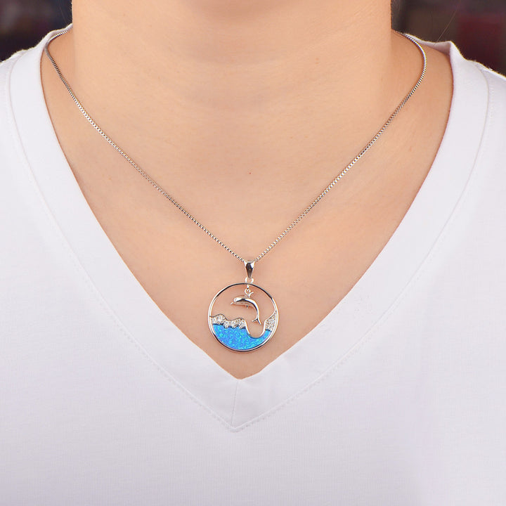 Olivenorma Blue Opal White Zircon Ocean Dolphin Pendant Necklace