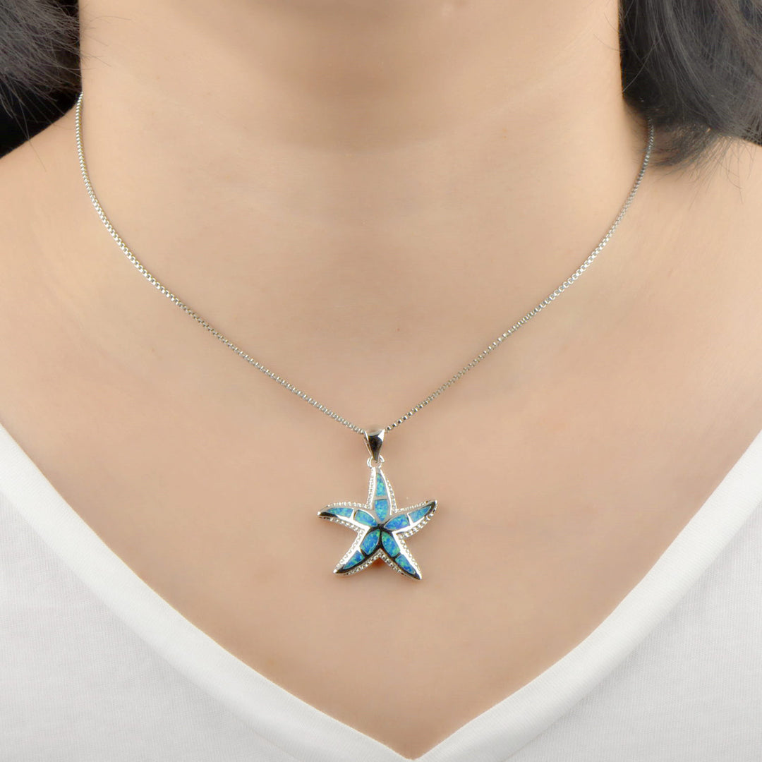 Olivenorma Blue White Opal Starfish Pendant Necklace