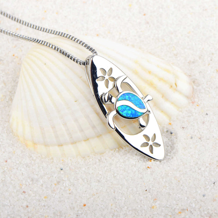 Olivenorma Blue Opal Surfboard Turtle Pendant Necklace