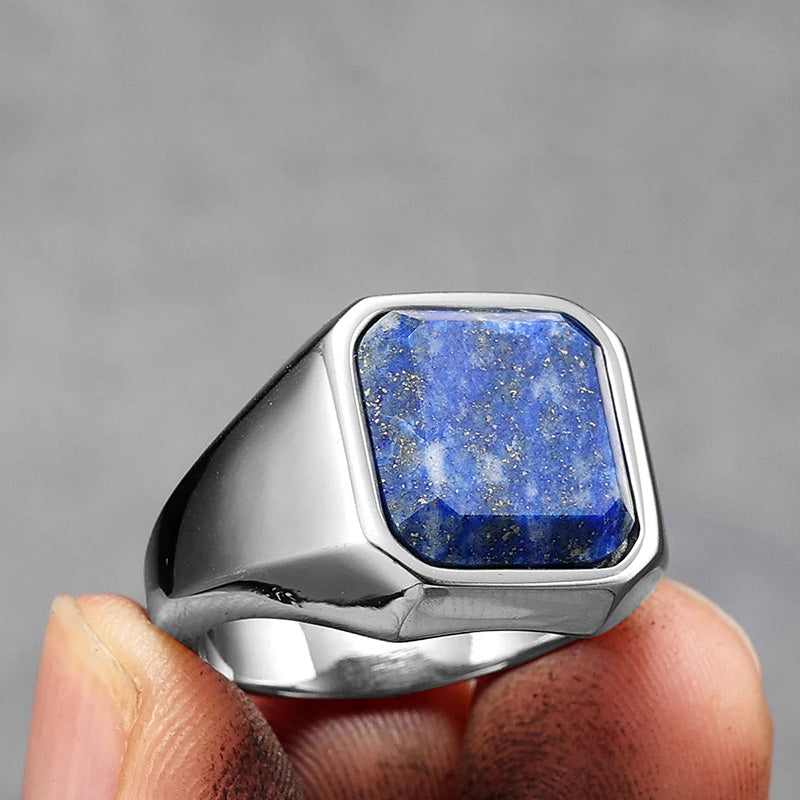 Olivenorma Healing Lapis Lazuli Galaxy Starry Sky Men's Stainless Steel Ring - Silver - 12 - image 1