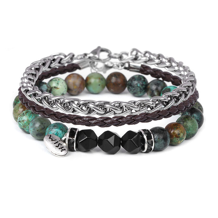 Olivenorma 3pcs Metal Bead Braided Leather Bracelet Set - Black Onyx&African Turquoise - image 14
