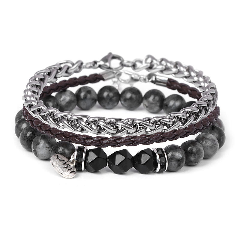 Olivenorma 3pcs Metal Bead Braided Leather Bracelet Set - Black Onyx&Labradorite - image 8