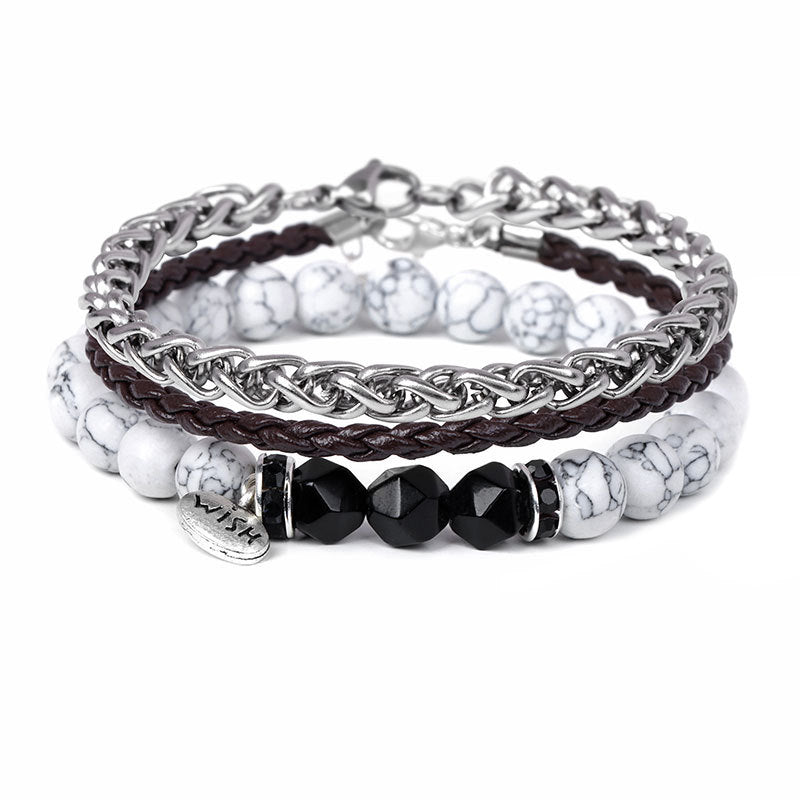 Olivenorma 3pcs Metal Bead Braided Leather Bracelet Set - Black Onyx&White Turquoise - image 11