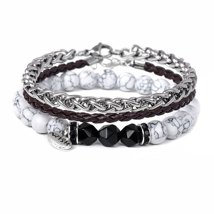 Olivenorma 3pcs Metal Bead Braided Leather Bracelet Set - Black Onyx&White Turquoise - image 11