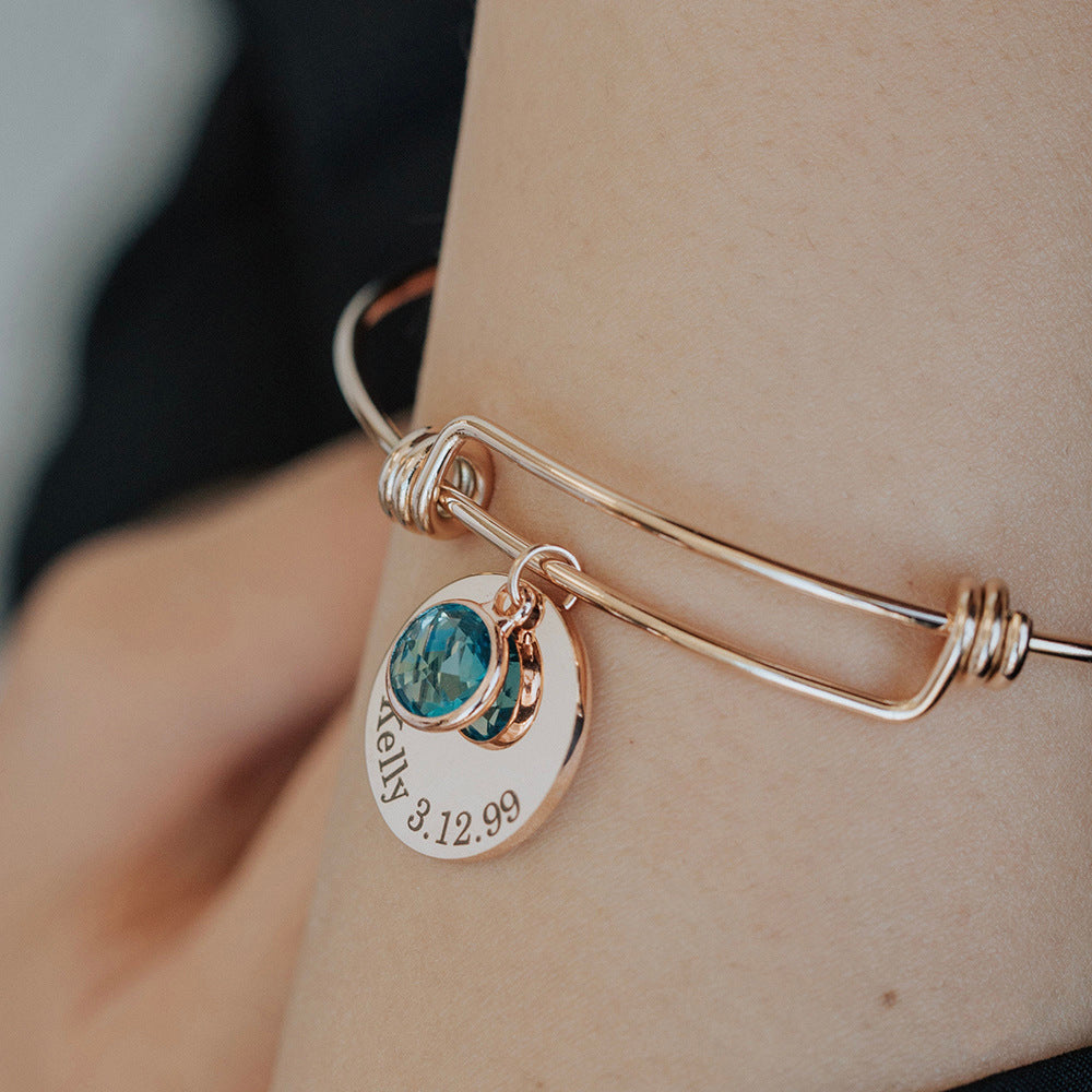 Olivenorma Personalized Disc Retractable Engraved Birthstone Bracelet