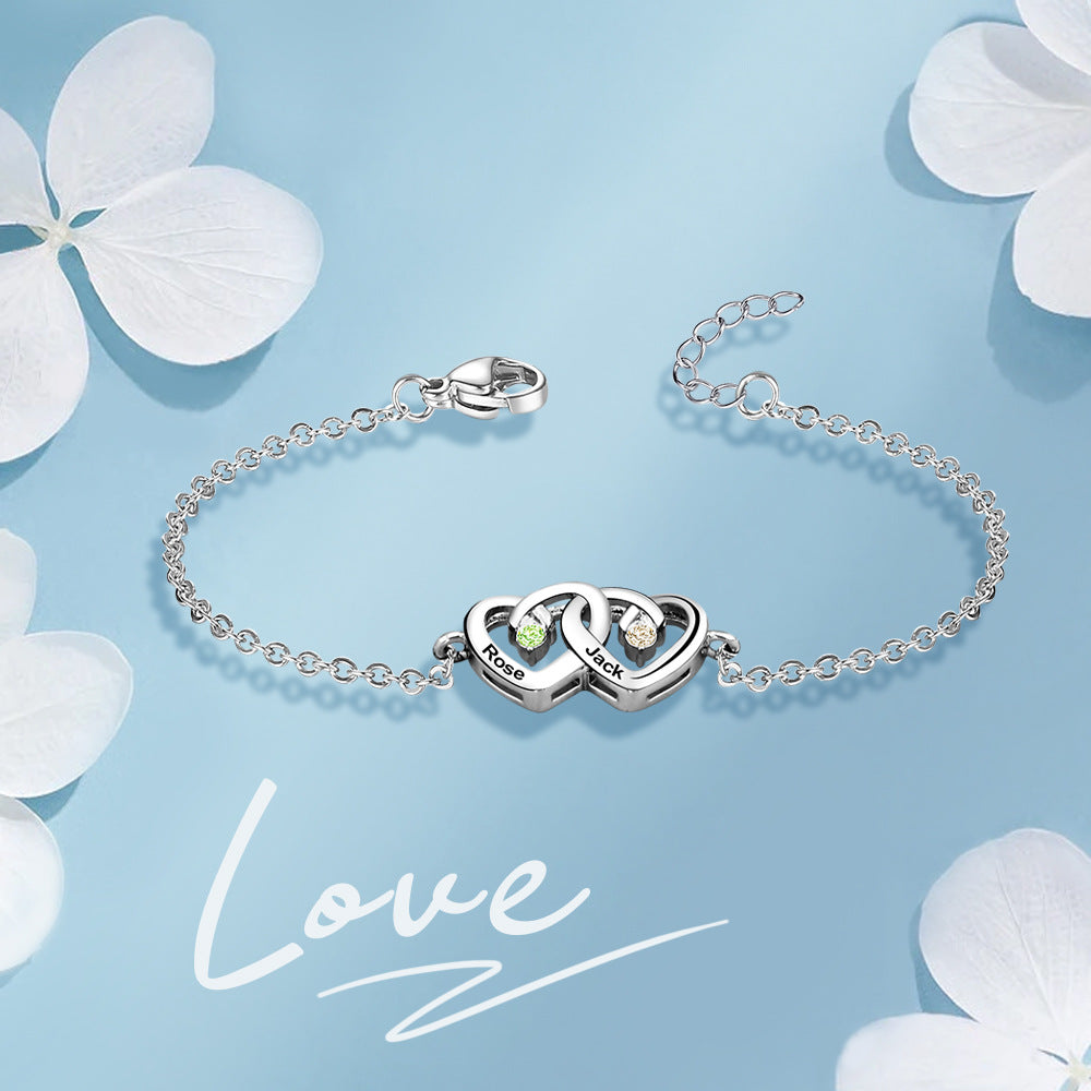 Olivenorma Double Diamond Heart Engraved Birthstone Bracelet