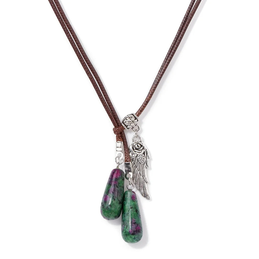 Olivenorma Leather Rope Wings Natural Stone Drop Pendant Necklace