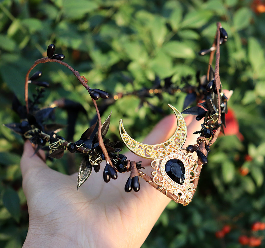 Olivenorma Natural Crystal Stone Wiccan Moon Wreath Crystal Crown - Obsidian&Golden Moon - image 1