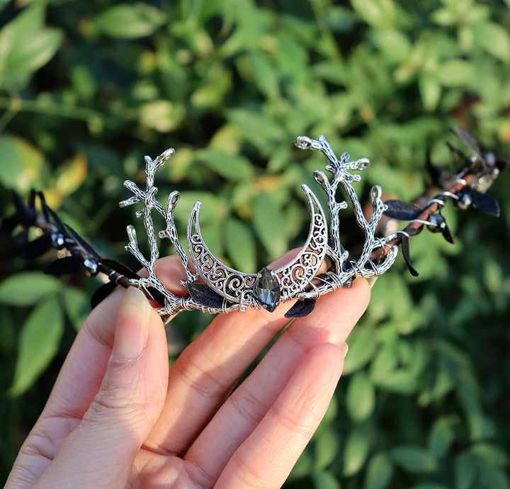 Olivenorma Natural Crystal Stone Wiccan Moon Wreath Crystal Crown - Obsidian&Silver Branch Antlers - image 3