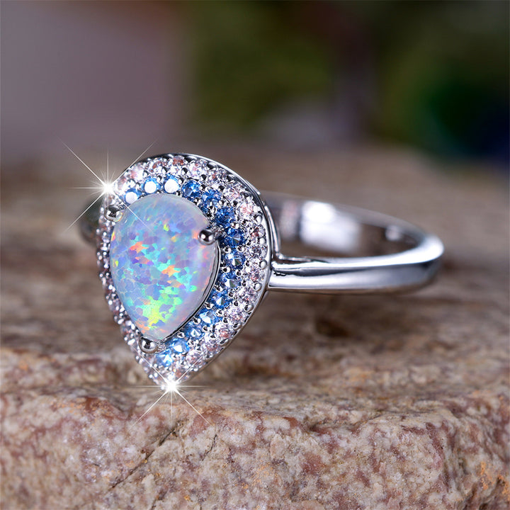 Olivenorma Water Drop Type Opal White Zircon Ring