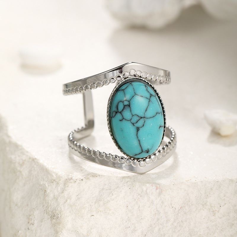 Olivenorma Turquoise White Jade Stainless Steel Opening Adjustable Ring