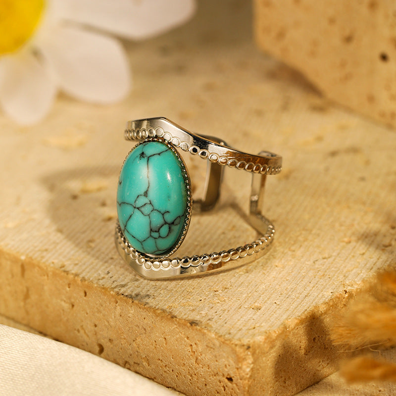 Olivenorma Turquoise White Jade Stainless Steel Opening Adjustable Ring