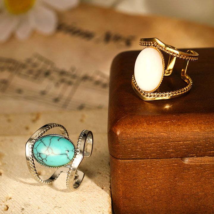 Olivenorma Turquoise White Jade Stainless Steel Opening Adjustable Ring