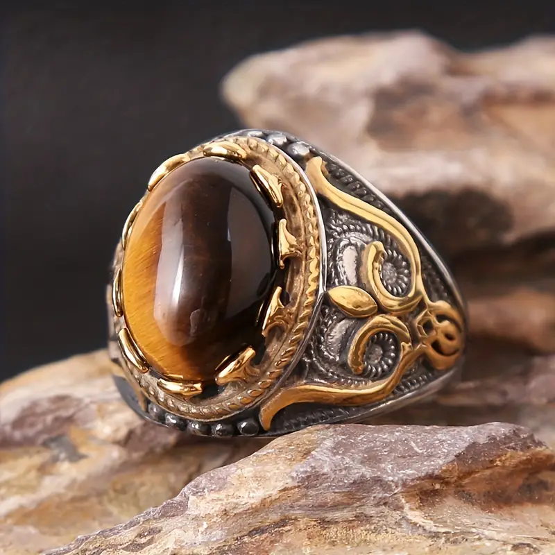 Olivenorma Trendy Vintage Men Oval Tiger Eye Ring