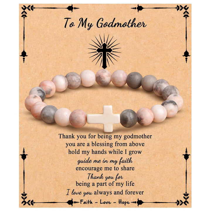 Olivenorma "To My Godmother" Natural Stone Beaded Cross Bracelet