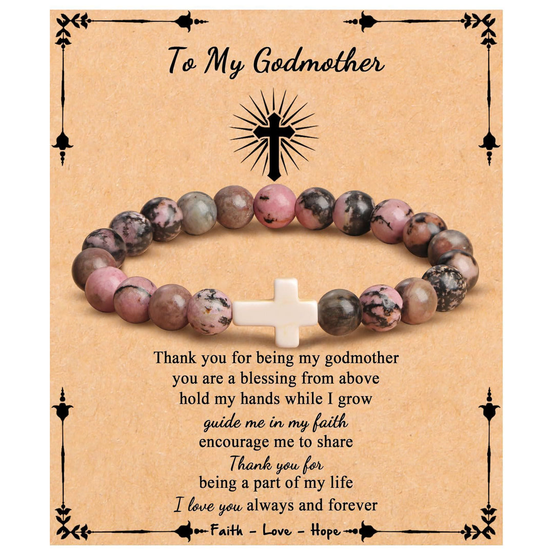 Olivenorma "To My Godmother" Natural Stone Beaded Cross Bracelet