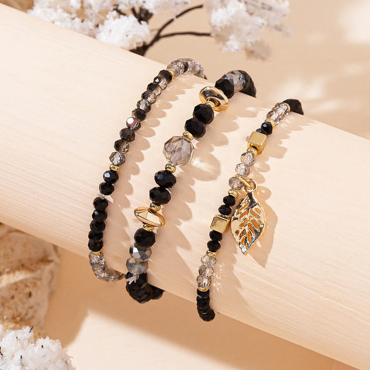 Olivenorma Crystal Beaded Gold Leaf Pendant Three Layer Bracelet Set