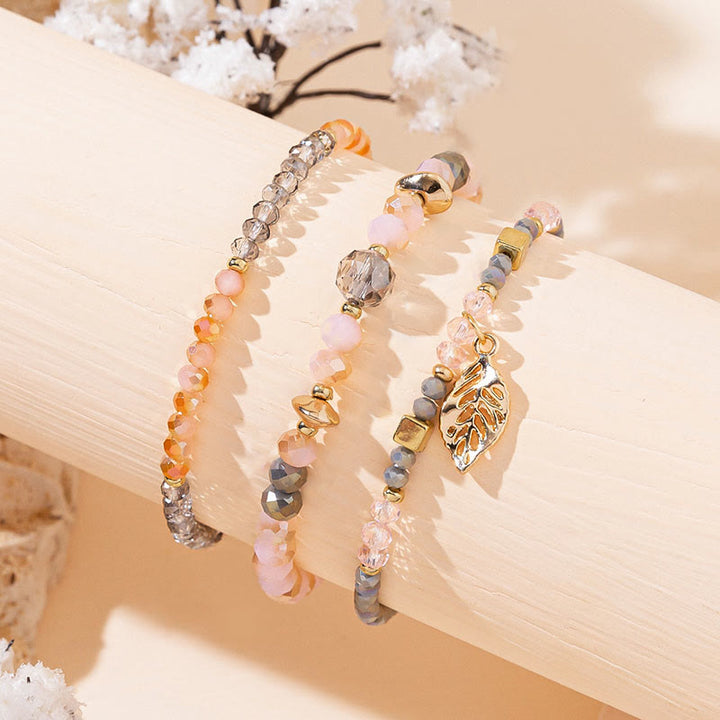 Olivenorma Crystal Beaded Gold Leaf Pendant Three Layer Bracelet Set