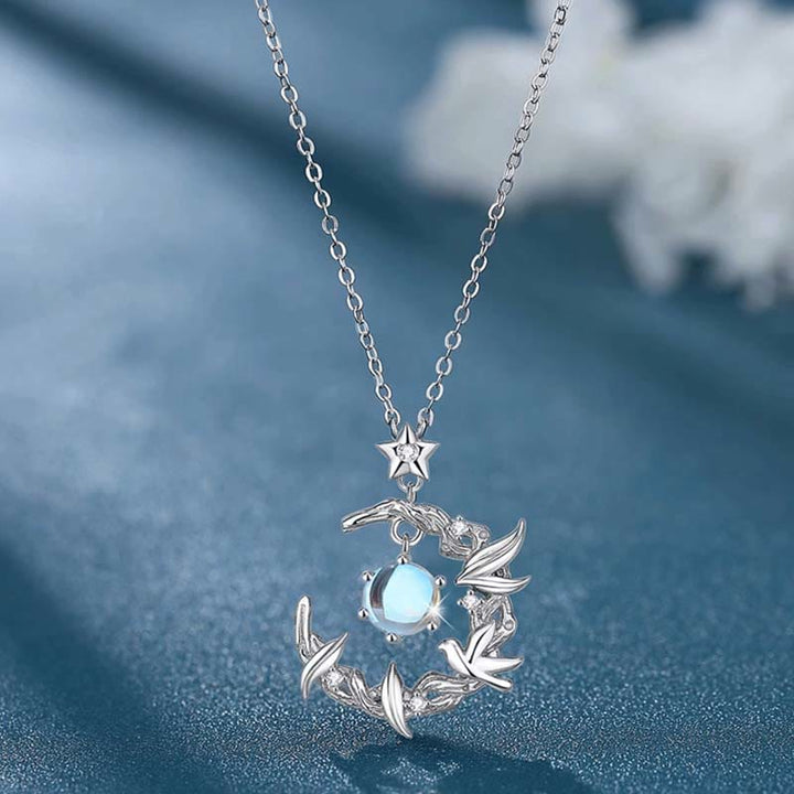 Olivenorma "Blue Eucalyptus and Birds" - Moonstone Necklace