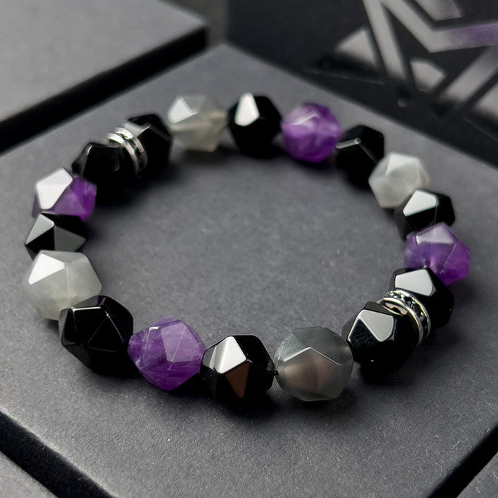 Olivenorma Men Geometric Facets Amethyst Cloud Quartz Beads Bracelet - image 4