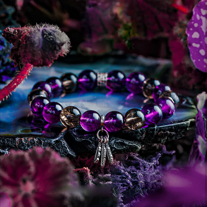 Olivenorma Men Amethyst Feather Pendant Beads Bracelet