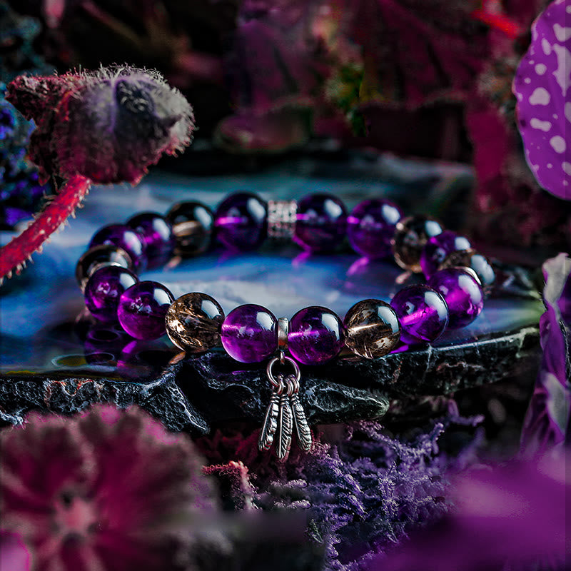 Olivenorma Men Amethyst Feather Pendant Beads Bracelet - 17cm - image 0